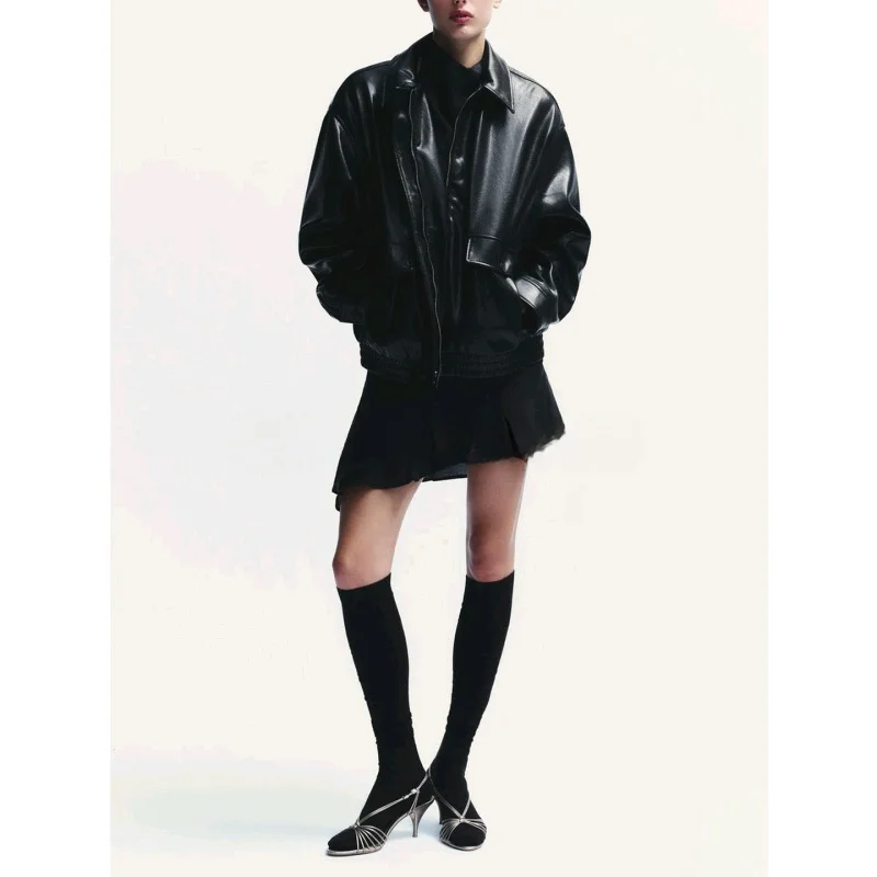 เสื้อโค้ทหนัง PU ทรงนักบินสำหรับผู้หญิง รุ่นใหม่ ฤดูใบไม้ร่วง แขนยาว สไตล์ลำลอง ความยาวปกติ ผลิตจากเส้นใยโพลีเอสเตอร์ เสื้อคลุมสำหรับผู้หญิง