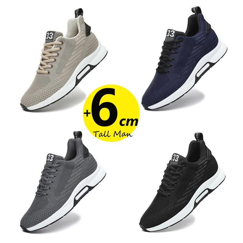 Sneakers Men Height Increase Insoles 6cm Elevator Shoes Chunky Taller Heel Lift Plus Size 37-46