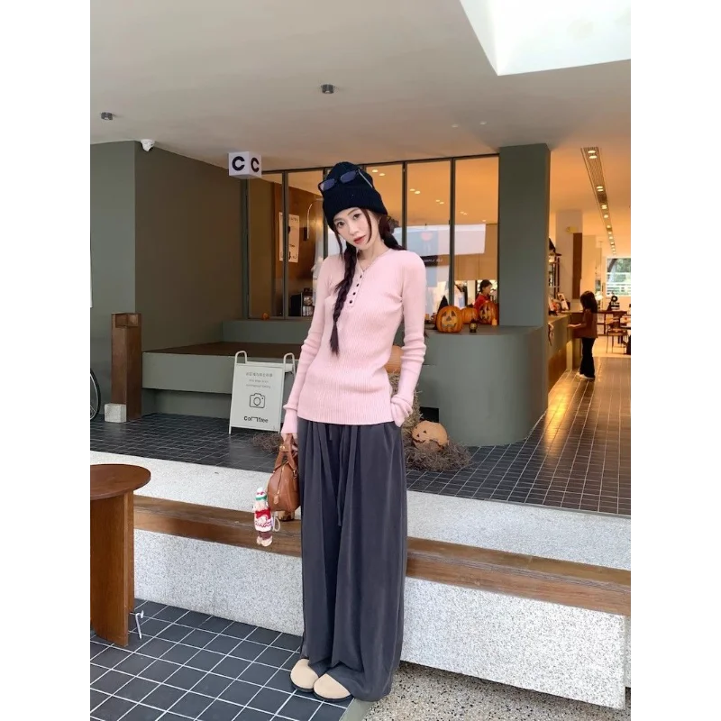 American V-neck Bottoming Sweater for Women Autumn Winter New German Velvet Inner with Solid Color Long-sleeved Top