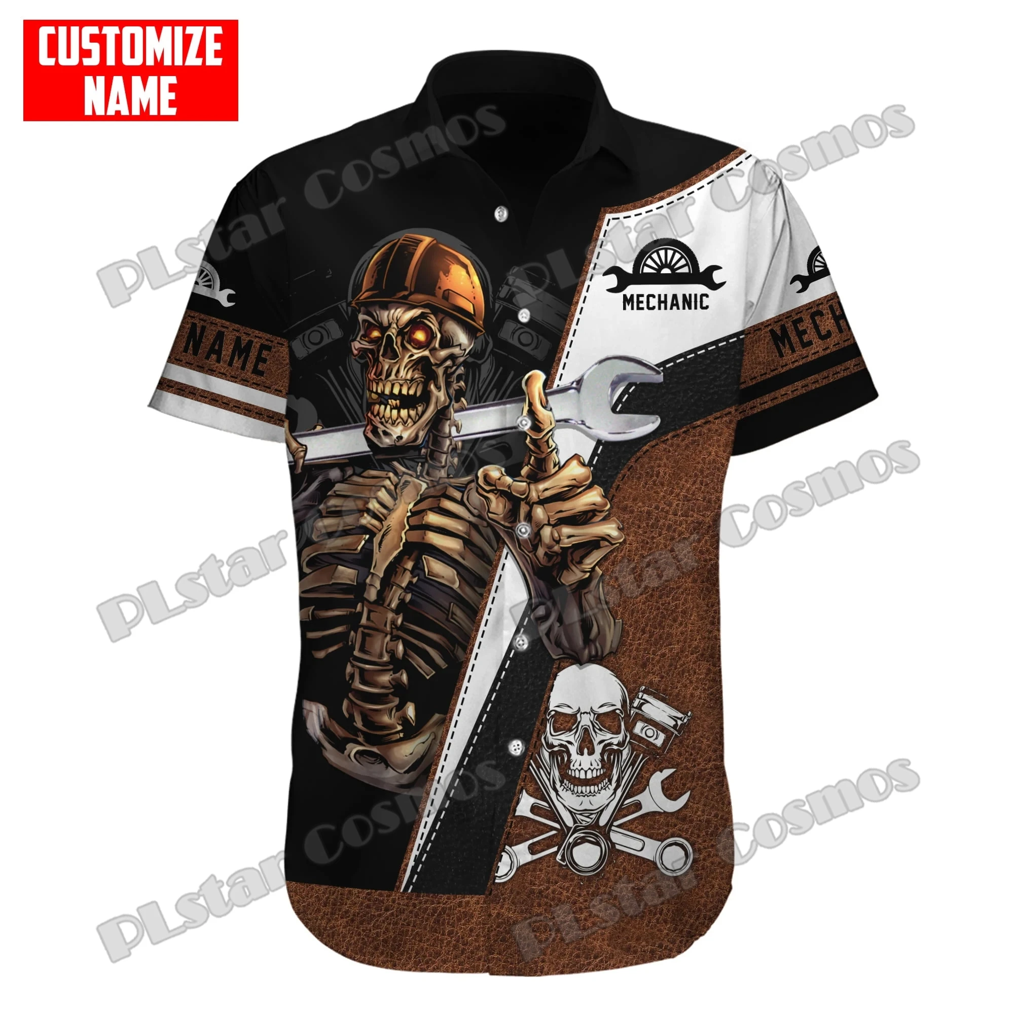 

Personalized Name Mechanic Skull 3D Printed Men's Hawaiian Shirt Summer Unisex Casual Beach Short sleeve button shirt SH07