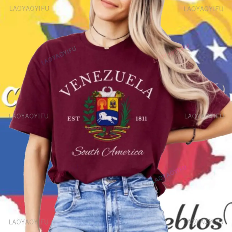 Vintage Venezuela Coat of Arms T Shirt Venezuela Flag Crewneck Shirt Tops Venezuela Travel Gift Unisex O-neck Cotton Short-sleev