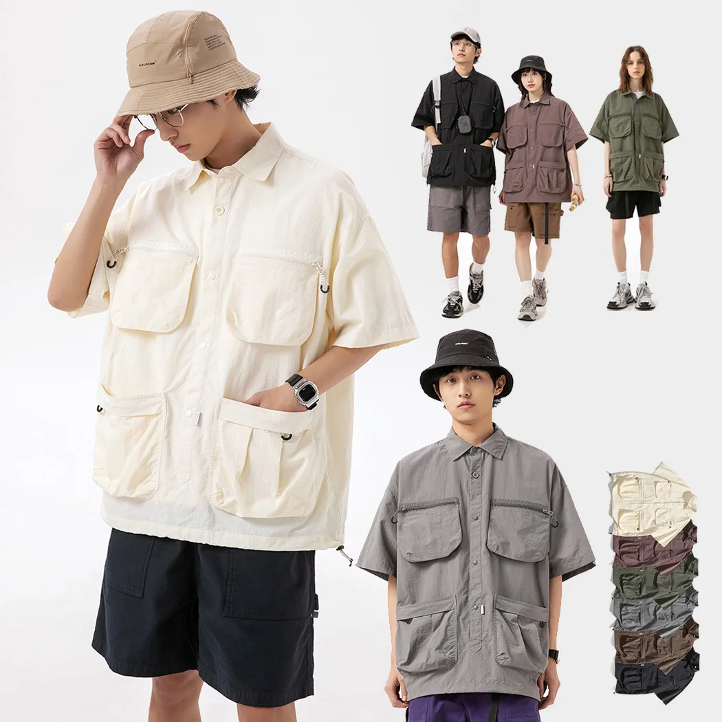 3D Pocket Shirts Women Men Outdoor Quick Dry Summer Streetwear Short Sleeve Loose Casual Function Cargo Shirts Tops