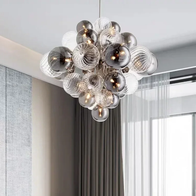 2026 Luxury Smoke Gray Glass Bubble Ball Chandelier Living Room Nordic Bedroom Dining Hall Grape Pendant Lamp Home Lighting Fixt