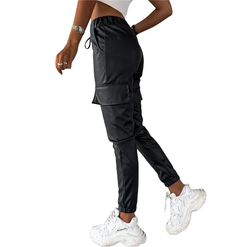 Pantalones de correr informales de piel sintética para mujer, Leggings de cintura alta con bolsillo de solapa de Color sólido, negro/Café, S/ M/ L/XL