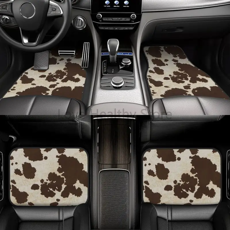 Cow Car Floor Mats Set of 4 Brown Cow Animal Print Vehicle Front Rear Carpets Mat Non-Slip Auto Foot Mats Universal for Car SUV