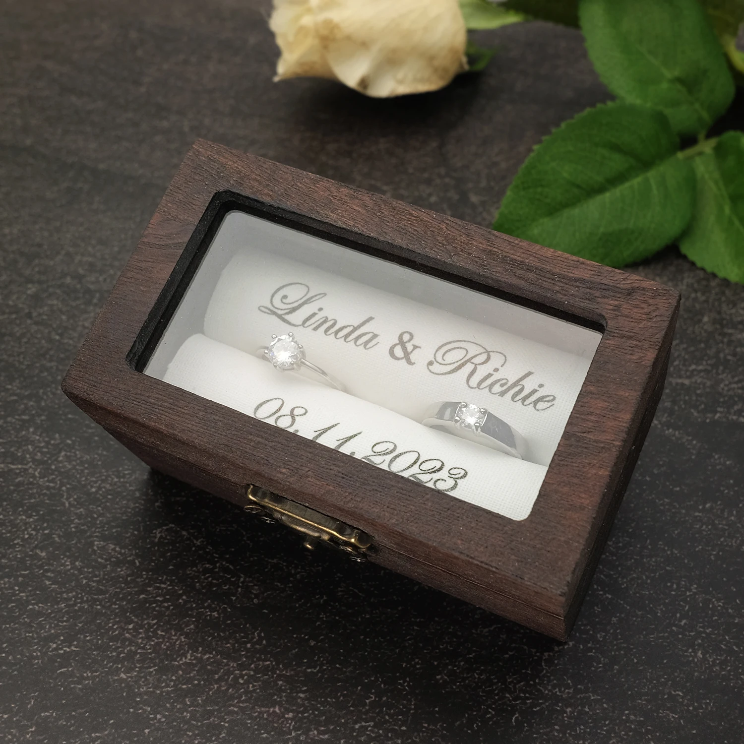 Caja de anillo de boda personalizada para ceremonia, personaliza el nombre y la fecha