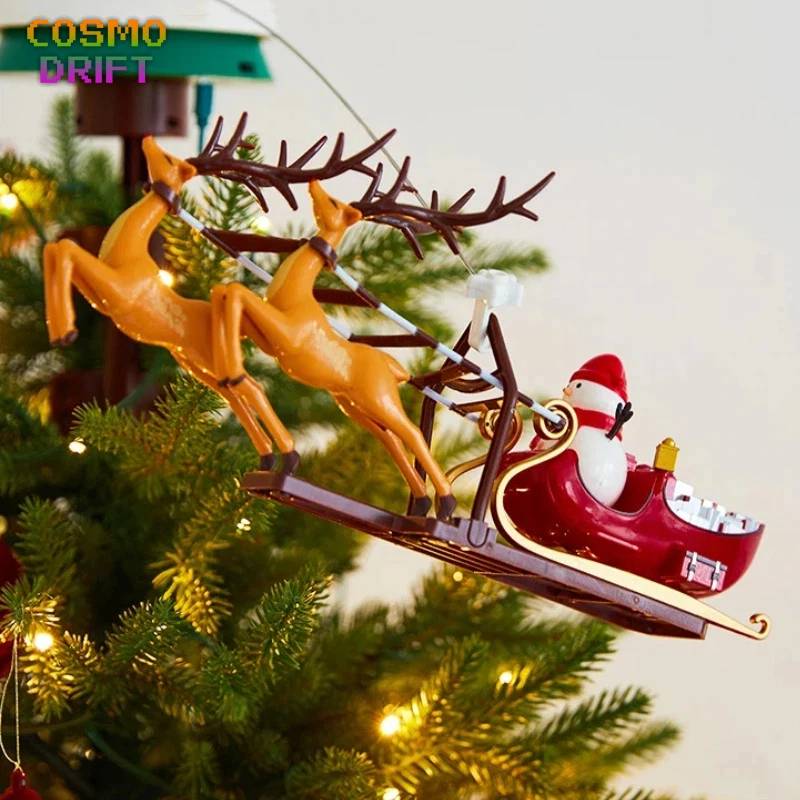 전기 회전 크리스마스 트리 탑 스타 음악 LED 조명 휴일 장식 순록 눈사람 장식품 어린이를위한 선물 장난감