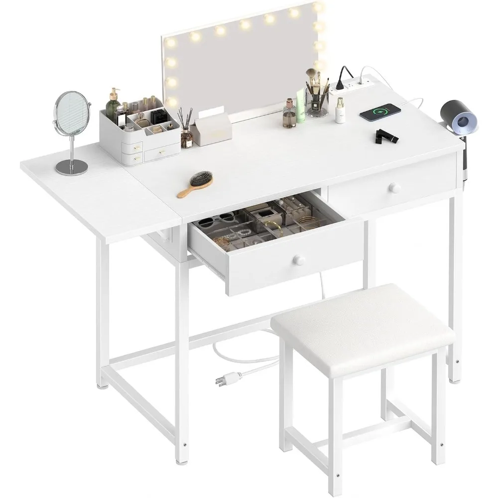 

White Small Vanity Desk no Mirror -with Wood Drawers, Padded Stool, Charging Station & Foldable Countertop Vanity Desk