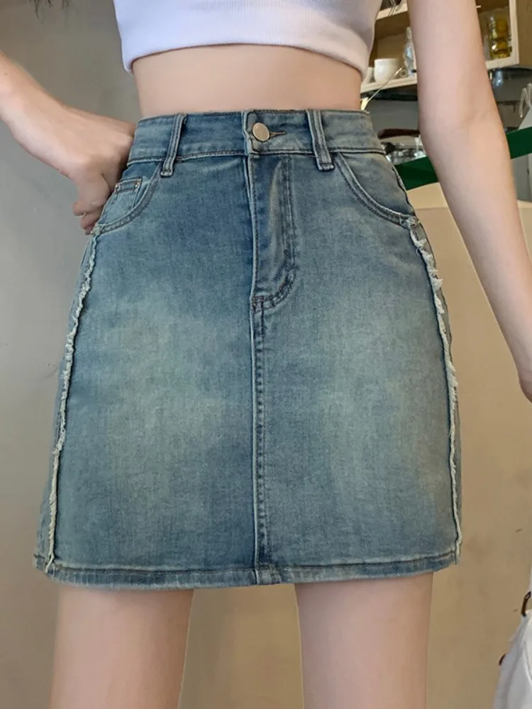 

Джинсовая юбка А-силуэта с высокой талией, ретро-стиль, женская, летняя, новая модная коллекция, большие размеры, короткие юбки, корейский стиль, для повседневной носки