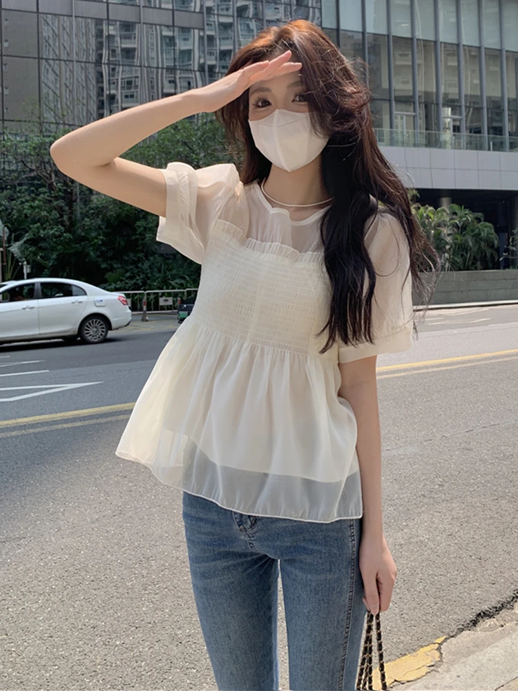 Fashion sweet puff sleeved baby shirt, Korean streetwear slim Lightweight Lyocell shirt, girls' elastic white blouse