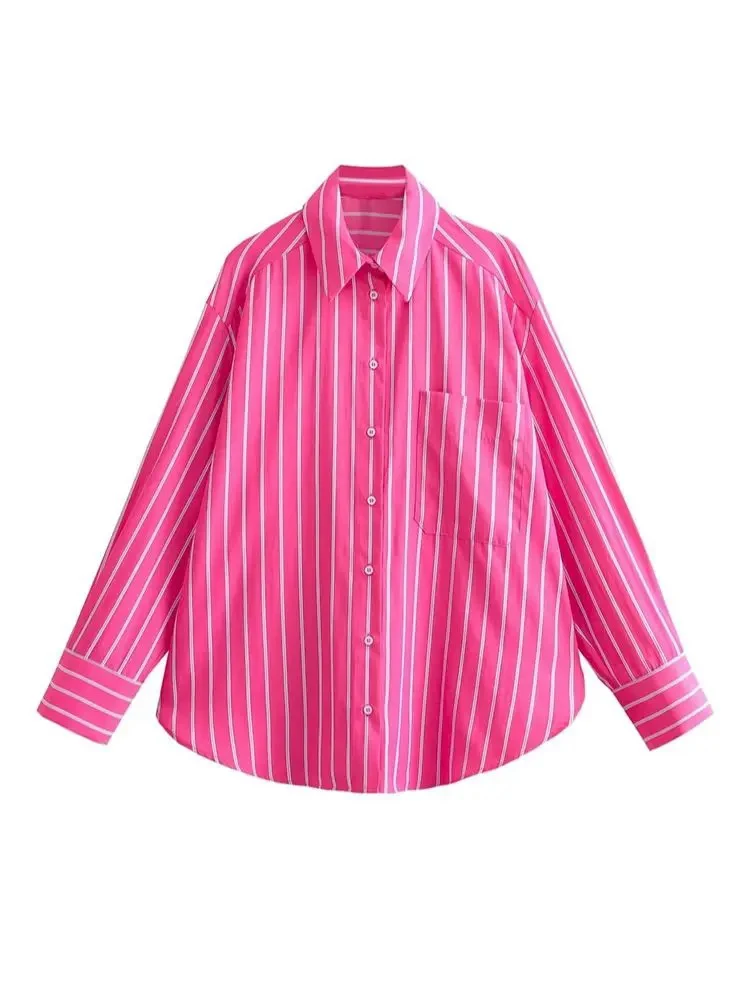 

Women's Summer Street Lapel Straight Single Breasted Loose Shirt Fashion Popular Stripe Decoration Pocket Thin Loose Shirt