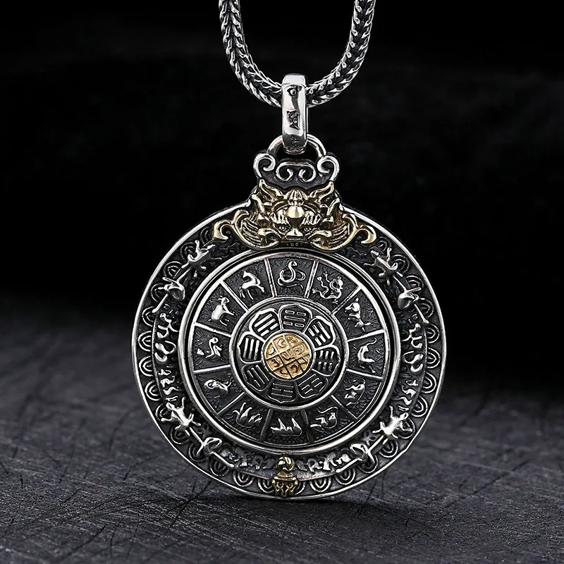 S925 Sterling Silver Chinese Zodiac Pendant Black Color Old Process Relief Bagua JinGangChu Six Words Fine Jewelry FYNE379