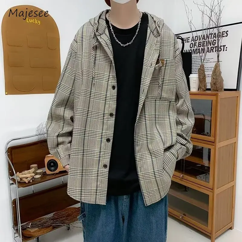 

Mens Jacket Casual Fashion All-match Hooded Spring Plaid Retro Teenagers Simple Japanese Style Baggy Daily Single Breasted Soft