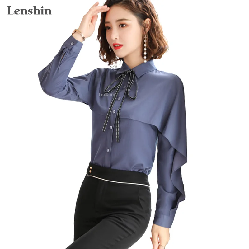 

Lenshin Cheap Shawl Fashion Soft Blouse Work Wear Office Lady Bow Tie Shirts Female Cape Sleeve Tops Chemise