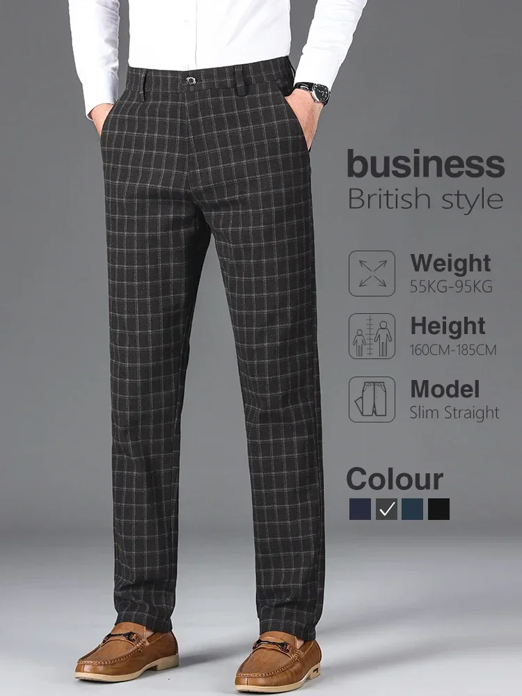 

Autumn New Men's Plaid British Style Trousers Classic Business Casual Elastic Slim Straight Pants Male Brand Clothes Black Gray