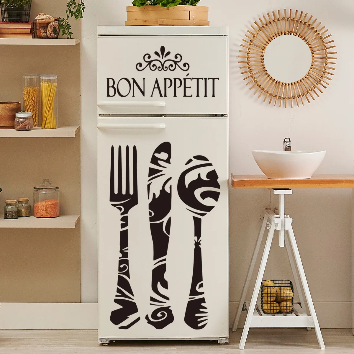 [1pc Creative Kitchen Sticker] 1pc New Knife And Fork English Refrigerator Sticker, Decorative Wall Sticker, Restaurant Kitchen