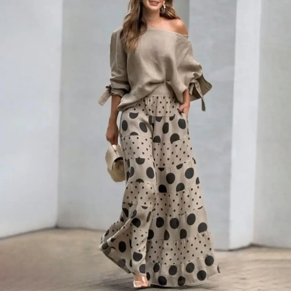 Sloping Shoulder Top Set Women Shirt Pants Set Stylish Women's 2-piece Set One Shoulder Top with Bow Cuff Wide Leg for Casual