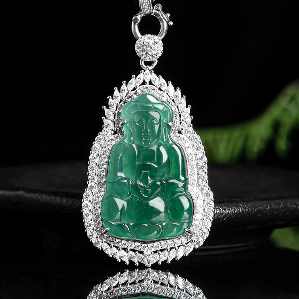 

925 Silver Natural Ice Green Jadeite Carved GuanYin Gem Crystal Pendant Amulet Necklace Certificate Luxury Jade Vintage Jewelry