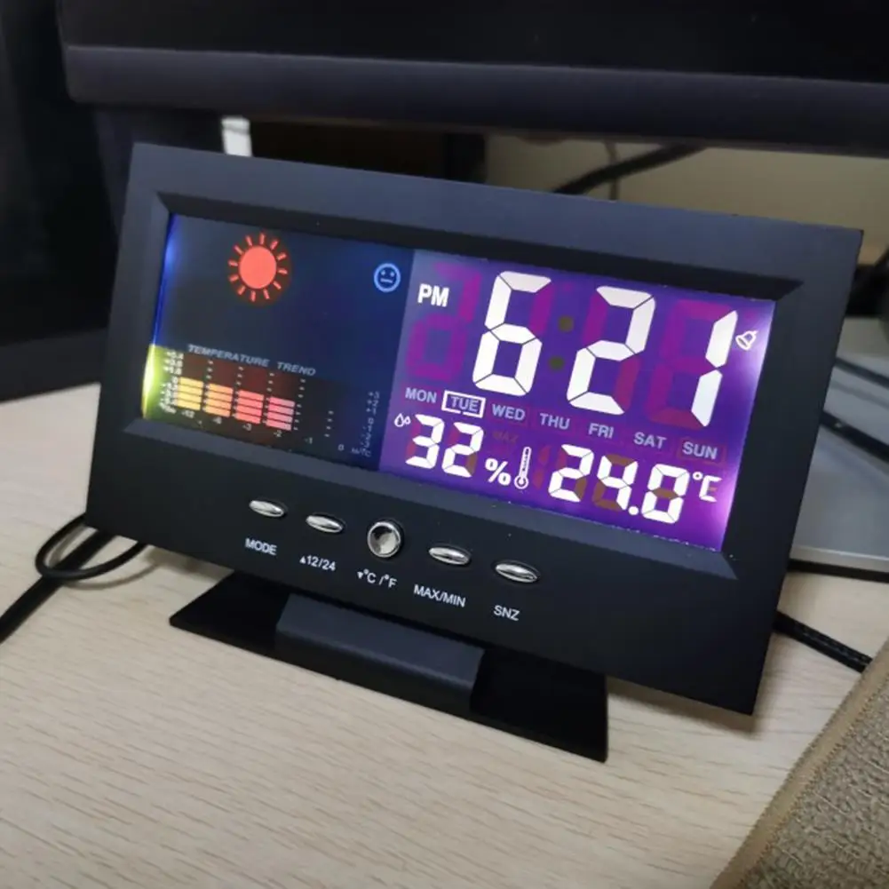 8082T Digital Clock Weather Forecast Perpetual Calendar LED Color Screen Humidity Temperature Display Wake Up Clock for Home