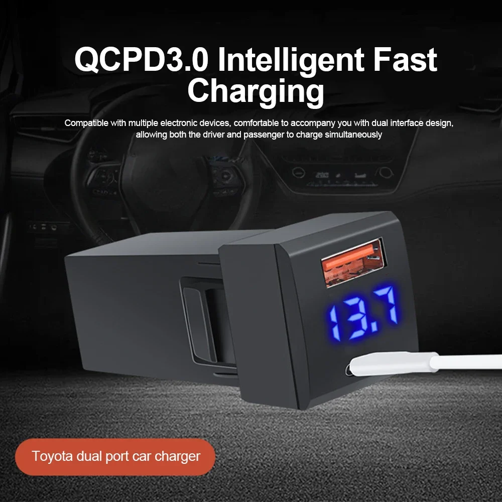 48W Fast Charger Voltmeter PD+QC3.0 USB Type-C Dual Port Phone Power Socket Quick Charge Mobile Phone Accessories For Toyota