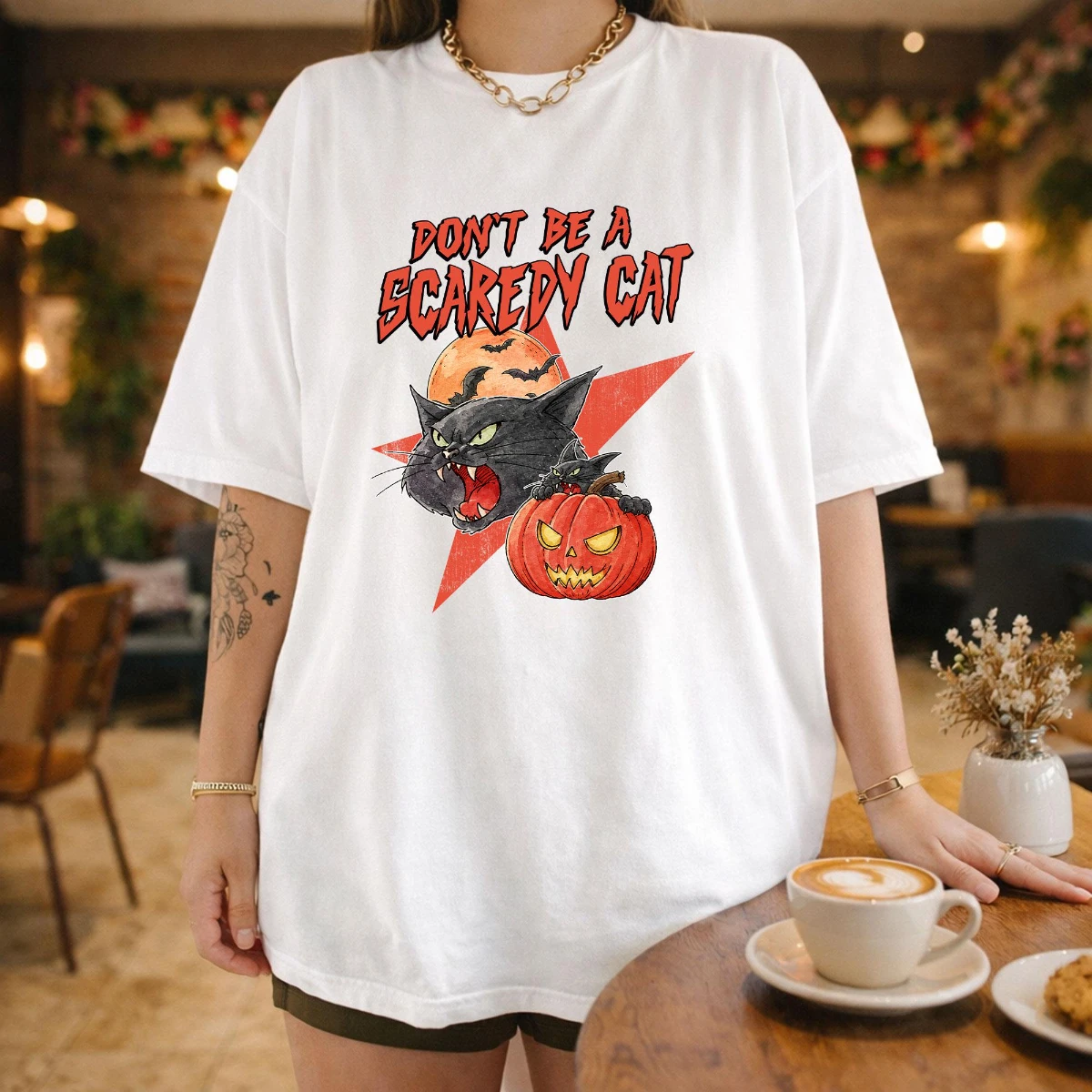 Cat Mom Black Cat Pumpkin T-shirt Don't Be A Coward T-shirt Retro Halloween T-shirt Horror Season T-shirt Gift for Cat Lovers