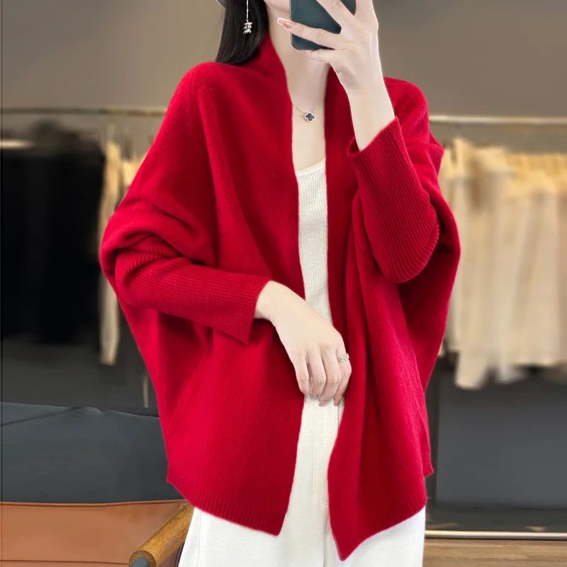 2025 Autumn/Winter New Loose Women's Clothing 100% Wool Knit Cardigan Warm Soft Long Sleeve Female Sweater Fashion Shawl Cloak