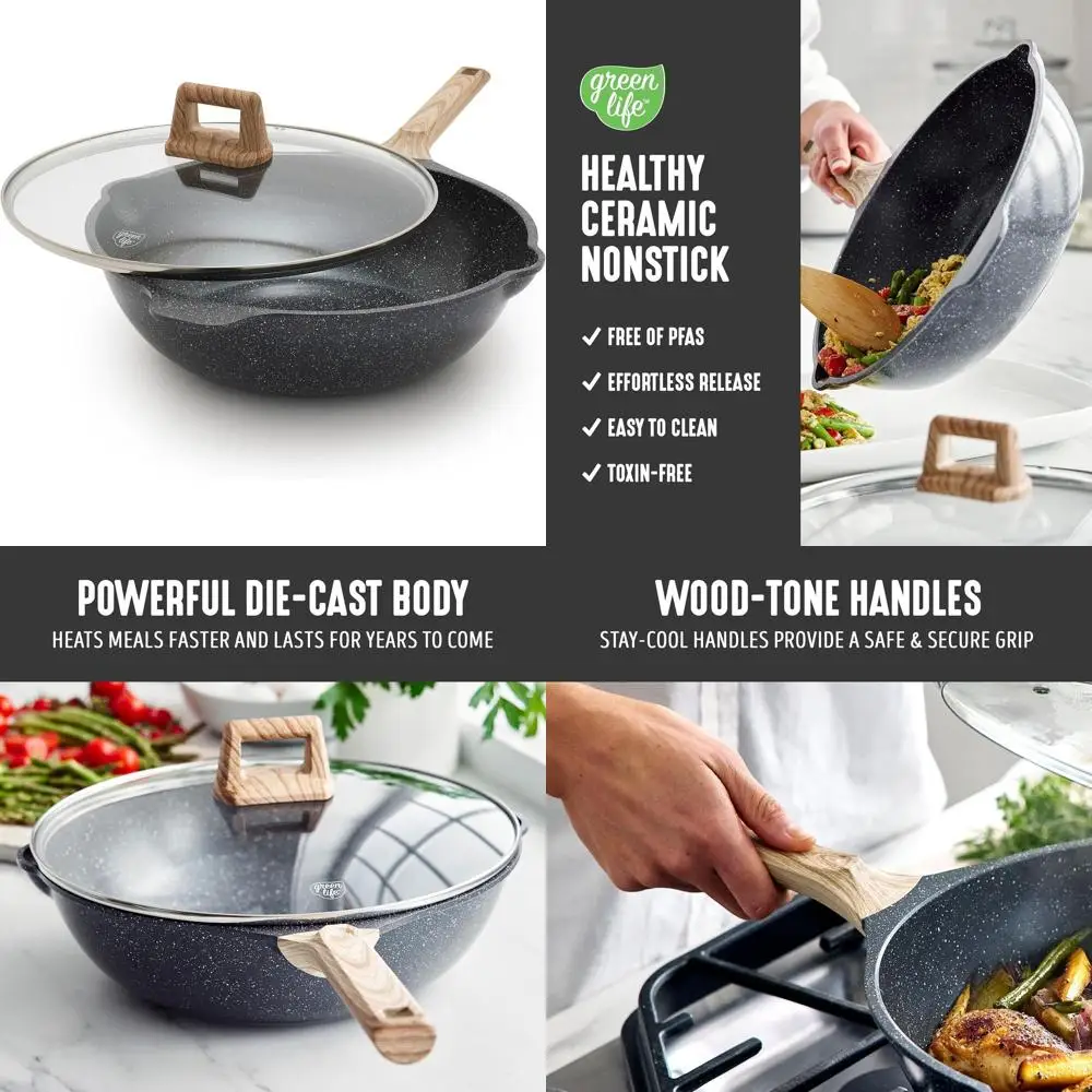 

12 Ceramic Nonstick Skillet Wok with Lid, 5QT, PFAS-Free, Multi-Purpose Pan for Induction & All Stovetops, Granite Black