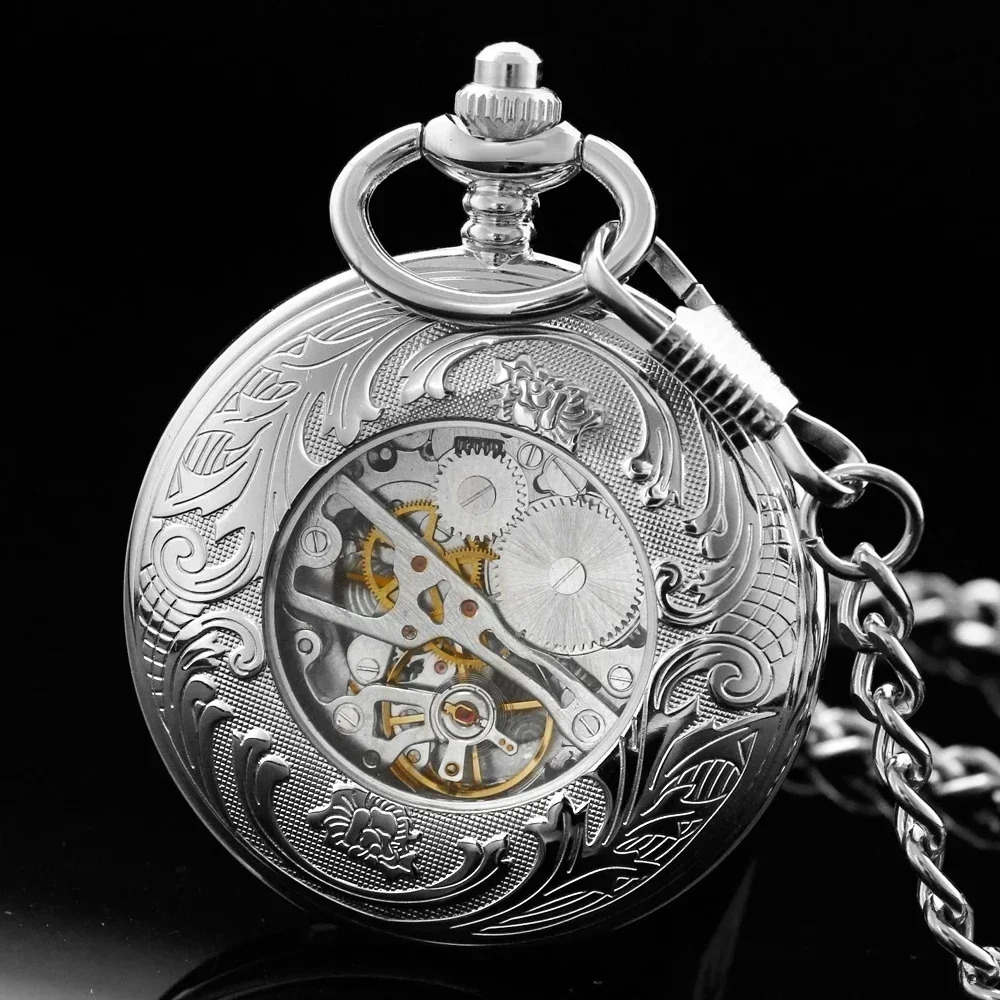 โบราณหรูหรา Silver Mechanical นาฬิกาพ็อกเก็ตนาฬิกาผู้หญิงผู้ชาย Vintage Steampunk Fob จี้นาฬิกาชายสร้อยคอของขวัญกล่อง