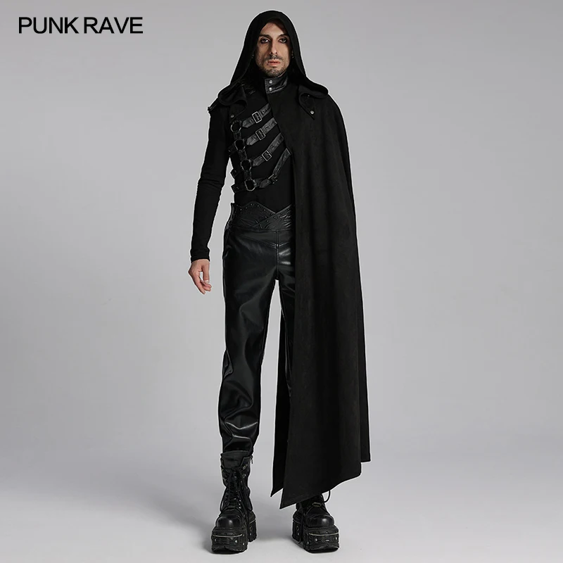 

PUNK RAVE Gothic Soft Embossed Velvet Twill Faux Leather Dark Mage Robe Hooded Style Elegant Simple Cape Coat