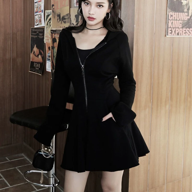 Long Sleeve Hooded Black Mini Dresses Women Gothic Zipper-up Flattering Waist Fall Winter Slim-fit Letter Embroidery Lovely Sexy