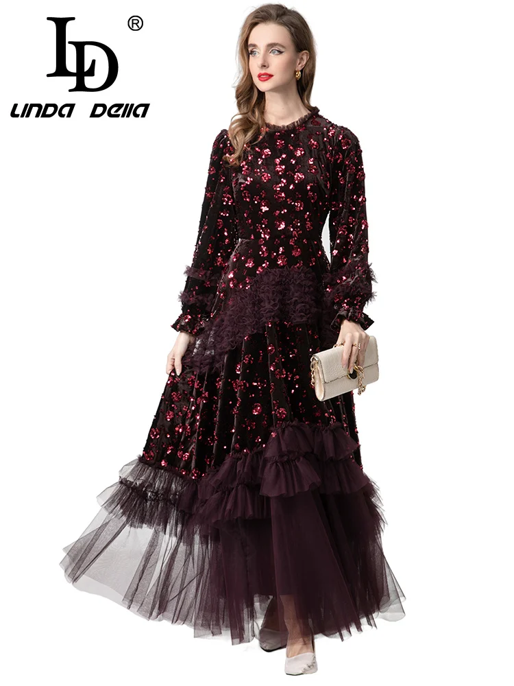 LD LINDA DELL شبكة شفافة مستديرة الرقبة طويلة الأكمام فستان مأدبة مثير المخملية النسيج زهرة الربط فساتين راقية