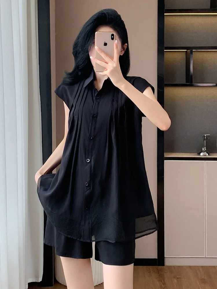 

Slimming Casual Faion irt orts Set Women's Summer New Sle European plus Size Conceal Meat Two Piece Set Collar B...
