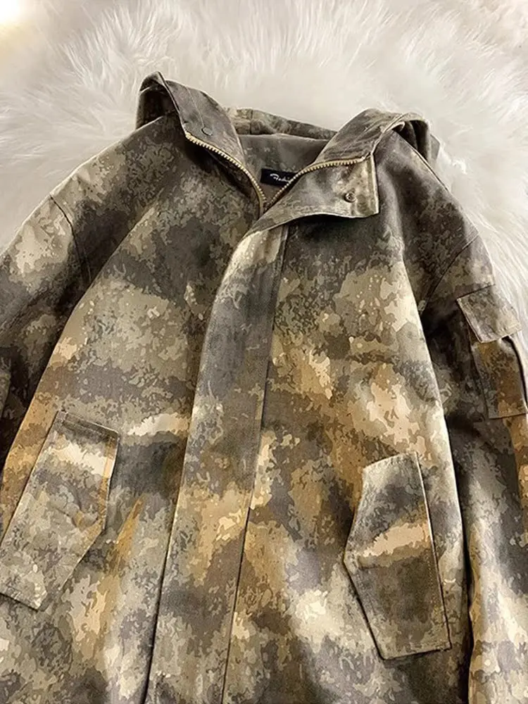 

Мужская куртка в американском ретро-стиле хип-хоп, модный высококачественный дизайн, камуфляжная рабочая одежда, уличный стиль, на молнии, с капюшоном, длинный рукав, свободный крой.