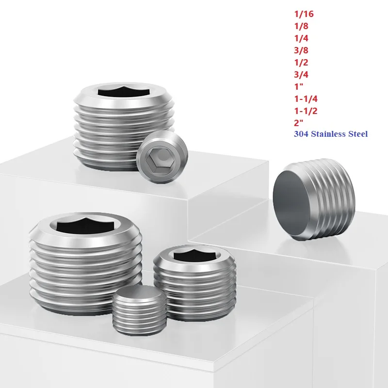 

304 Stainless Steel Hexagon Pipe Connector 1/16 1/8 1/4 3/8 1/2 3/4 1 - 2 BSPT / NPT Male Countersunk End Plug Pneumatic Fitting