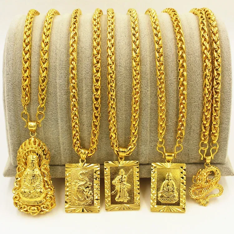 Collar de jefe de oro auténtico de 18 quilates de imitación, cadena de verbena para hombre con colgante de Guan Gong de la marca Guanyin Dragon, joyería de oro puro