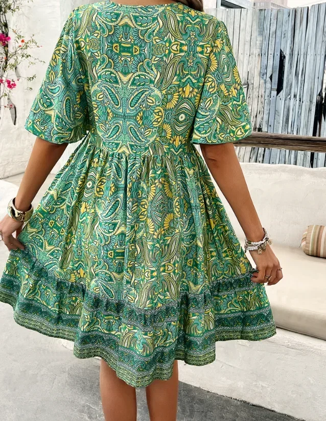 Vacation Dress Woman Casual Elegant Vintage Floral Print V-Neck Dress for Woman Elegant Casual A-Line Short Sleeved Y2K Dress
