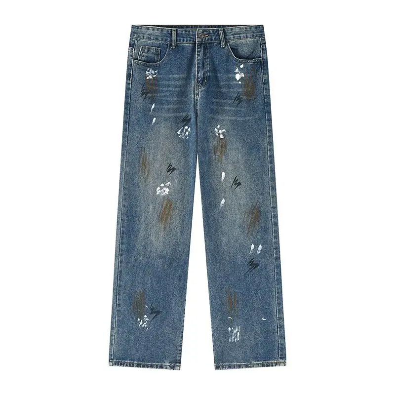 กางเกงยีนส์วินเทจลายไล่สีวาดด้วยมือ แฟชั่นเรียบง่ายทรงหลวม กางเกงขายาวทรงตรงขากว้างสำหรับผู้ชาย เหมาะสำหรับฤดูใบไม้ร่วงและฤดูหนาว