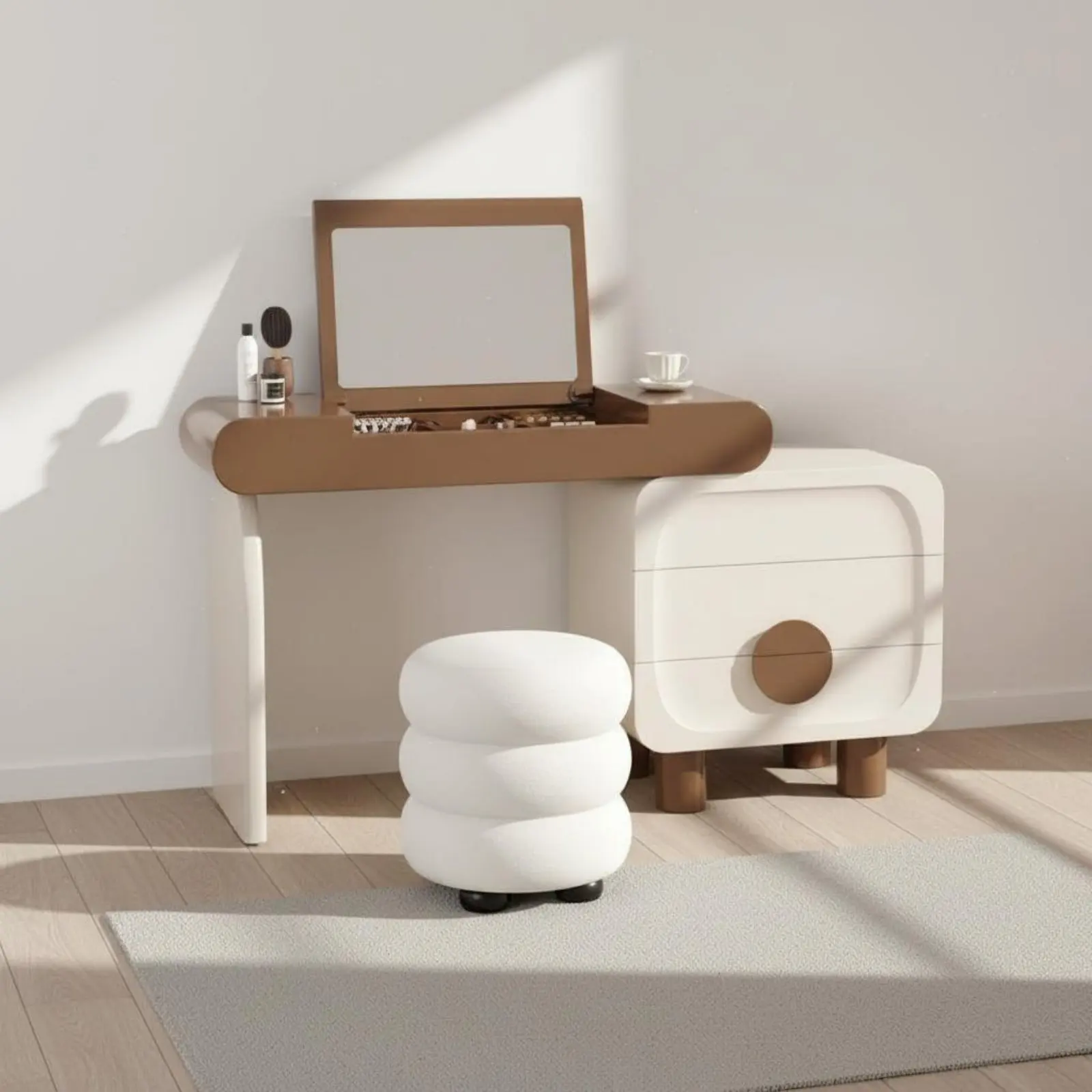 Fold-Down Vanity Desk Two-Purpose Use Folding-Top Vanity Desk Makeup Table with Hidden Mirror Multi-Functional Design Bedroom