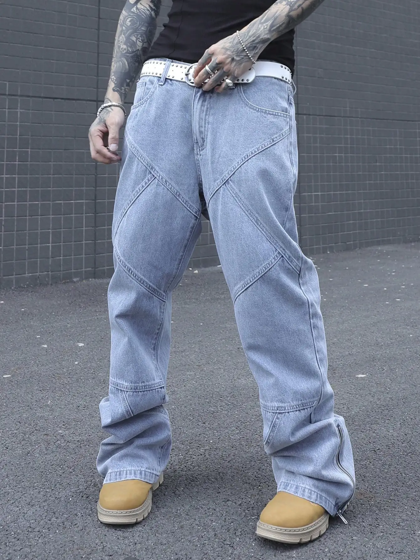 Men's High - Street Style Light Blue Patchwork Jeans, Zipper - Split Cuffs, Loose Slightly Flared Workwear Pants