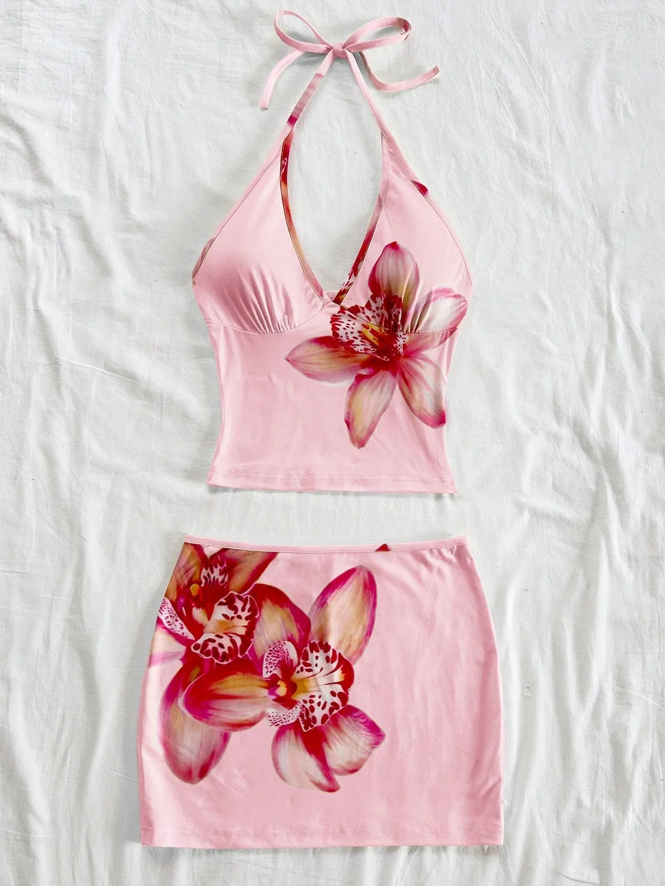

Summer 2 Piece Set V Neck Halter Crop Top High Waist Skirt Dresses Floral Print Mini Dress Pink White Women's Matching Sets