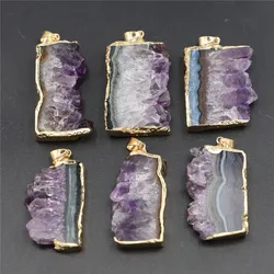 Hot Natural Stone Amethysts Slice Druzys Mexican Pendants Healing Crystal Quartz Necklace Male Raw Slab Geode Women Jewelry 6PCS