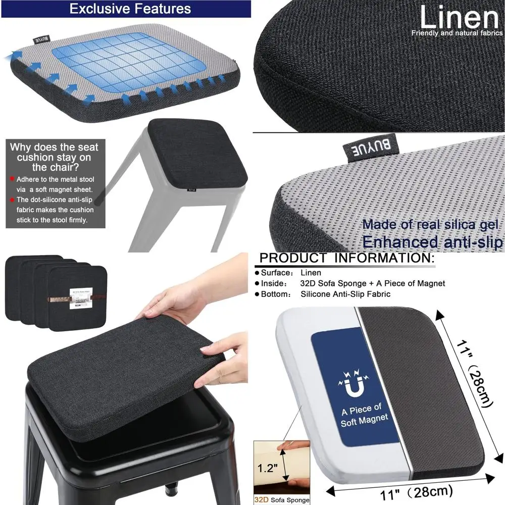 

Set of 4 Linen Magnetic Bar Stool Cushions, Anti-Slip Breathable Seat Pads for Stackable Metal Stools, Square, Black