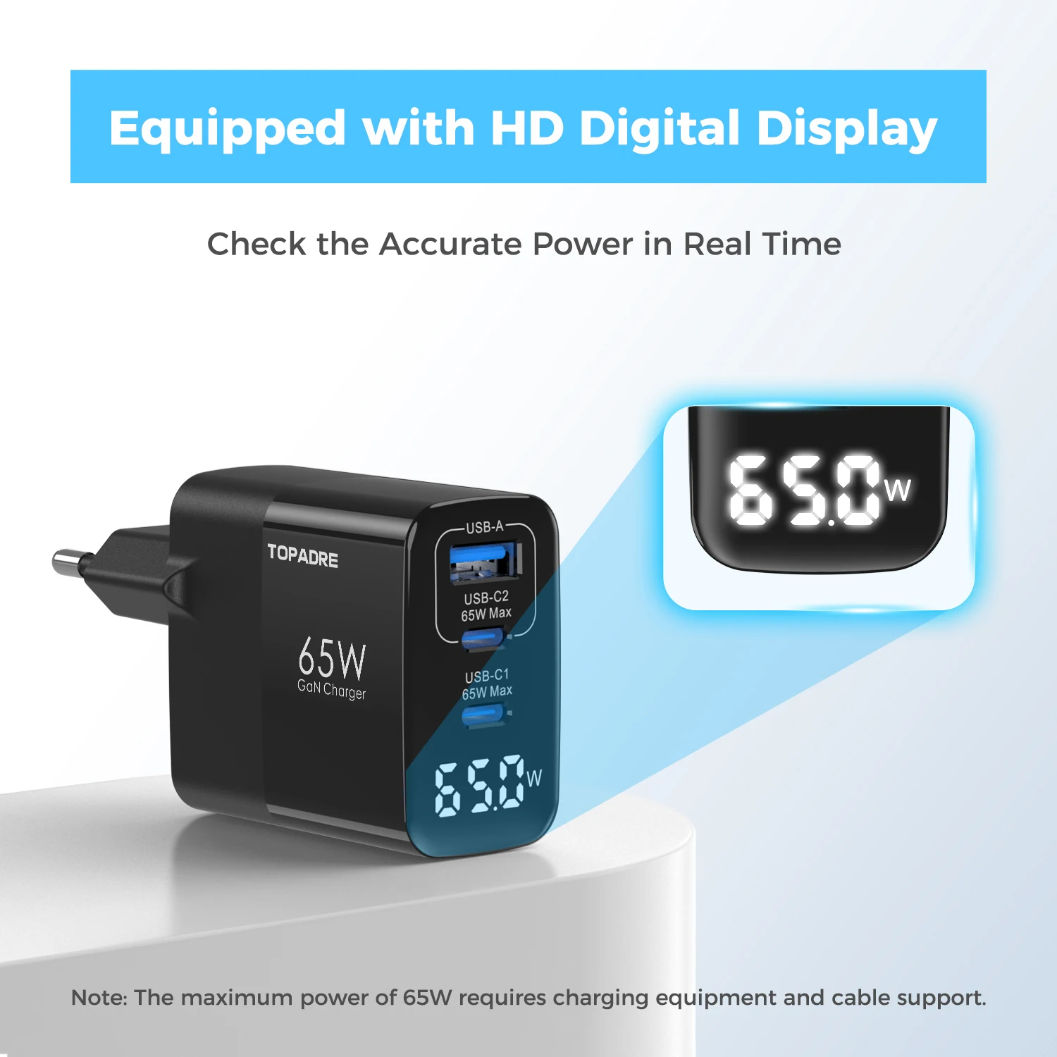 EU plug 65W 3-Port USB-C Charger with LED Display,  Fast Charging for MacBook, iPad Pro/Air, iPhone 17/16/15/14, Samsung view 3