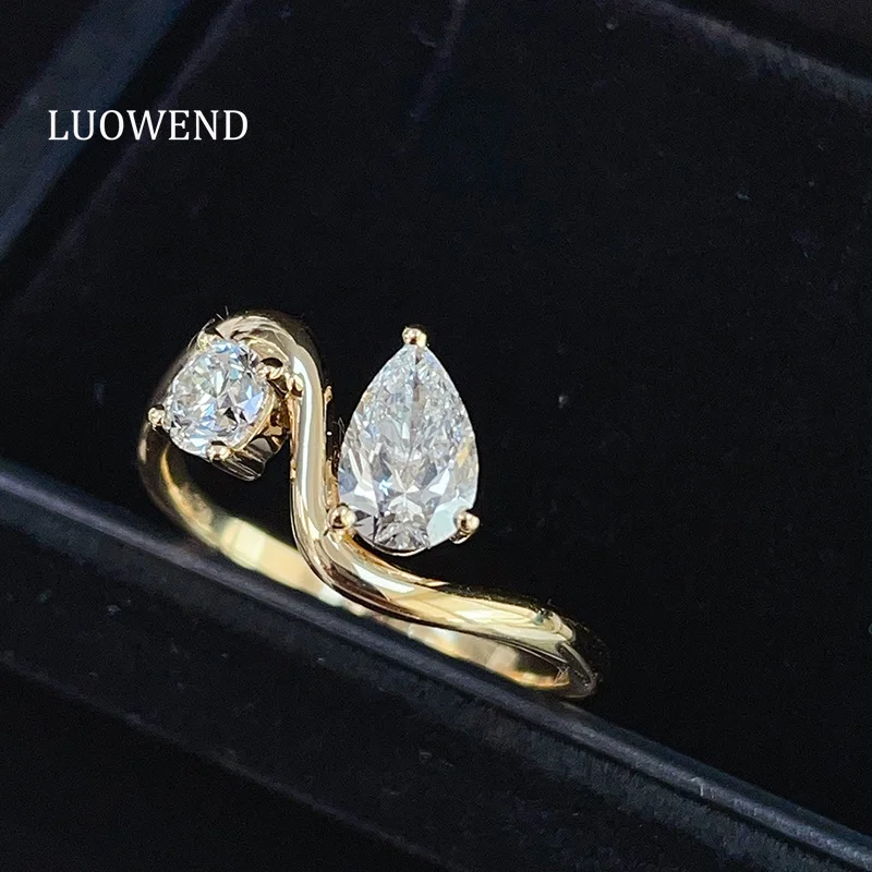 LUOWEND 100% 18K Yellow Gold Rings Elegant Gentle Style Real Natural Diamond Engagement Ring for Women High Wedding Jewelry