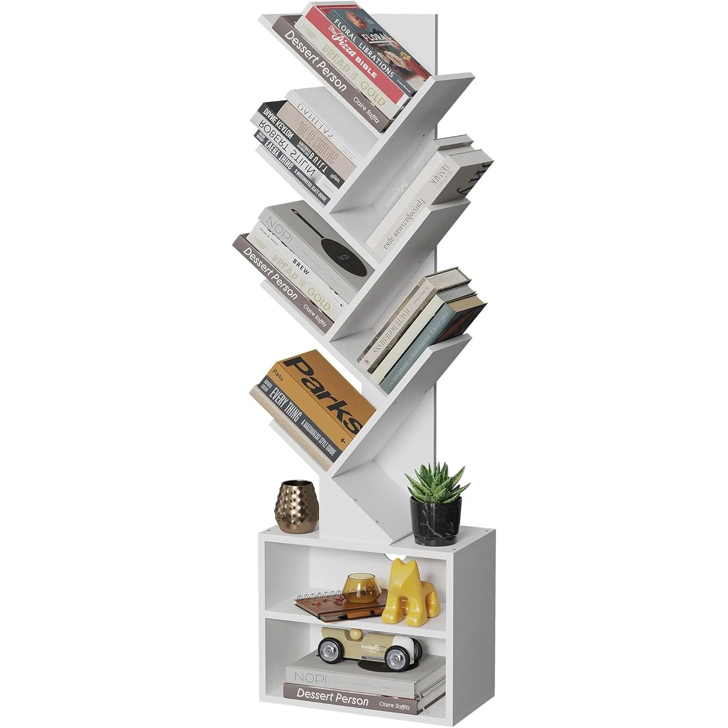 

6 Tier Tree Bookshelf, Tall Bookcase with Storage Cabinet,Floor Standing Book Shelf for Bedroom/Living Room, White