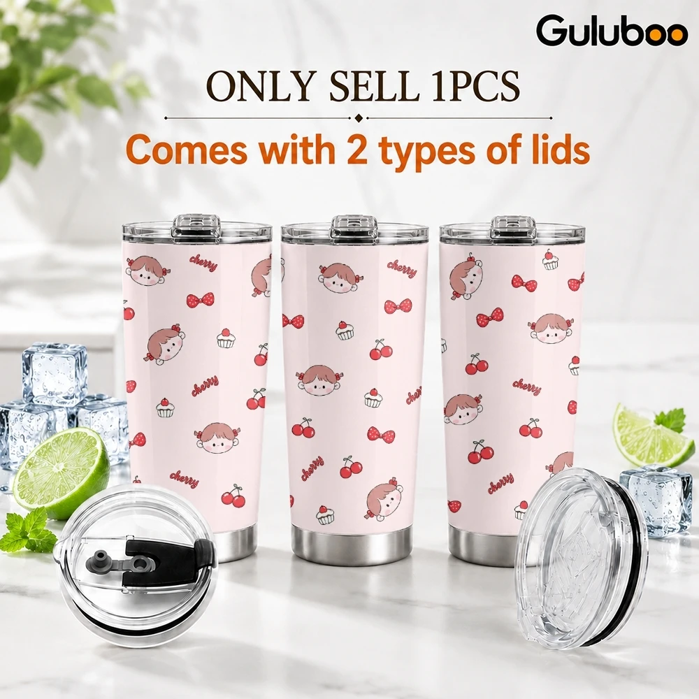 Fruit Cute Character Prints Vacuum Flasks 20oz Coffee Tumbler With 2 Lids & Straw Stainless Steel Vacuum Insulated Mug