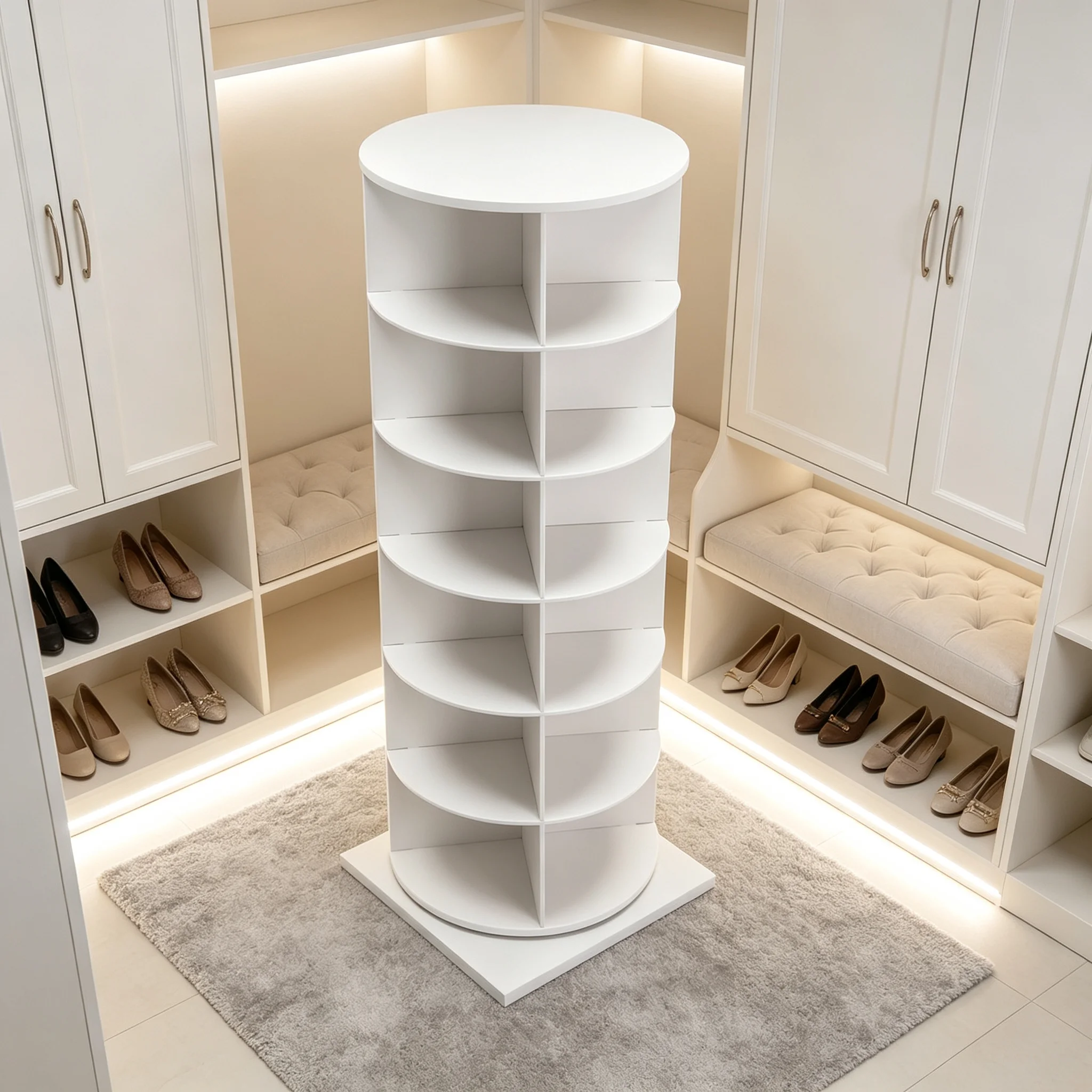 White Wood 6‑Tier Rotating Shoe Storage Rack, Freestanding Revolving Shoe Organizer, Large‑Capacity Spinning Shoe Shelf for Entryway, Hallway, Bedroom