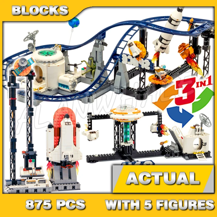 875pcs Creator 3in1 Space Roller Coaster Drop Tower Carousel Astronaut 68000 Building Block toy Compatible with Model