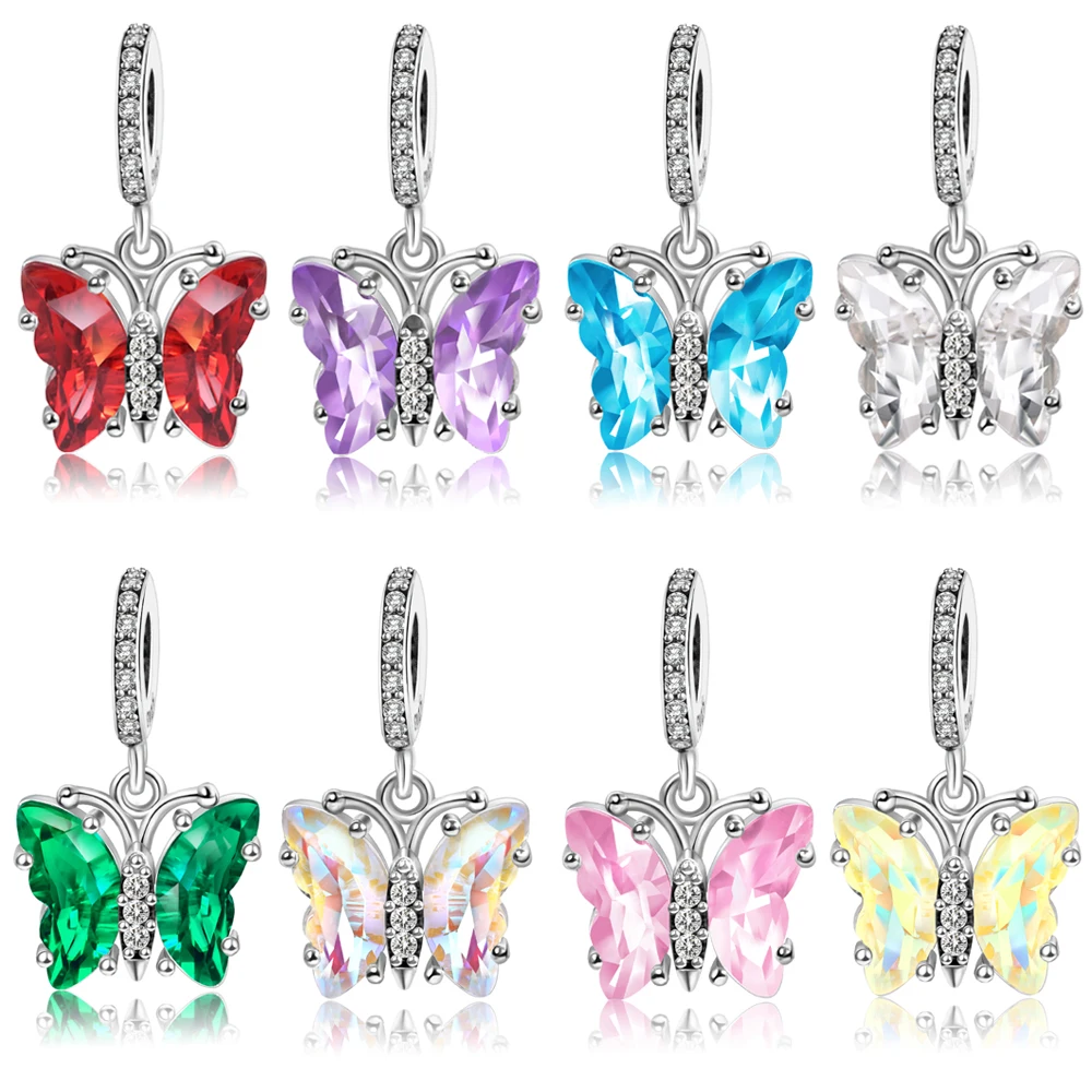 Abalorio colgante de mariposa de cristal de Murano de diferentes colores para mujer, pulsera de marca, joyería hermosa de Plata de Ley 925