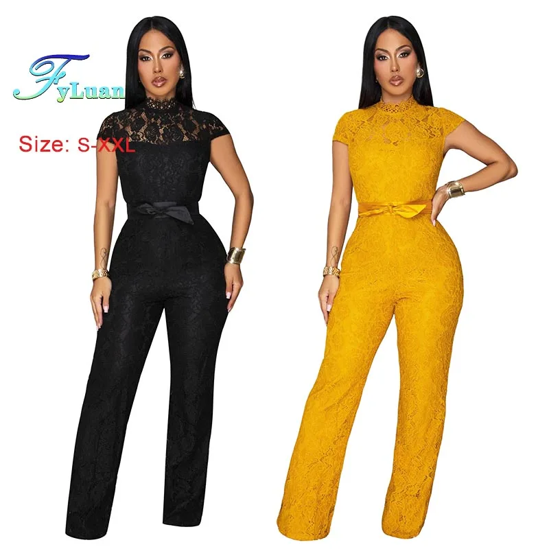 

Solid Color Women Jumpsuits Round Neck Short Sleeve Lace Splicing Wide Legs Pants Jump Suit Fashion Slimming One-Piece Pants